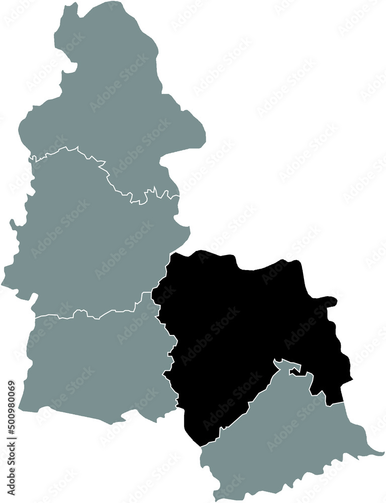 Black flat blank highlighted location map of the SUMY RAION inside gray raions map of the Ukrainian administrative area of Sumy Oblast, Ukraine