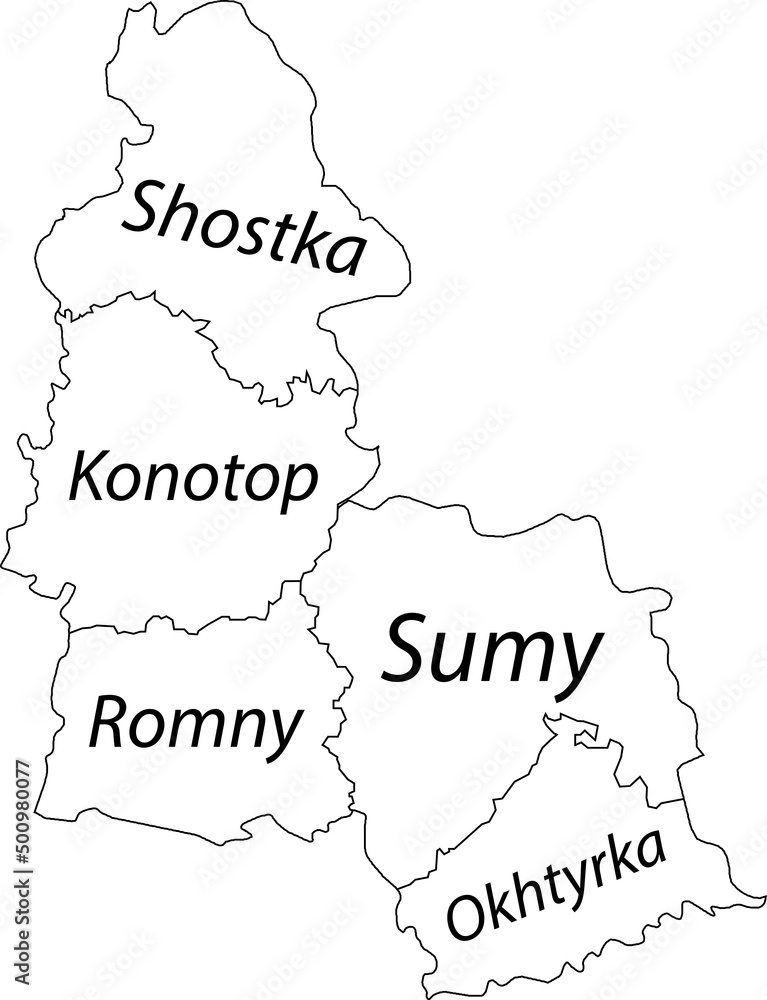White flat vector map of raion areas of the Ukrainian administrative area of SUMY OBLAST, UKRAINE with black border lines and name tags of its raions
