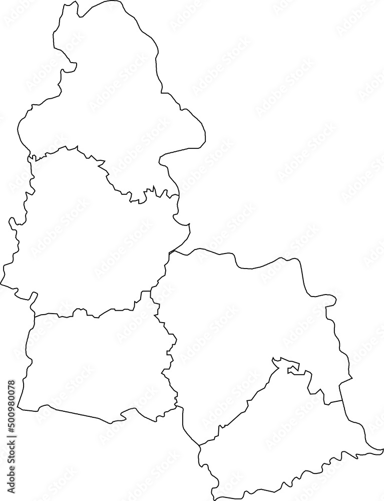 White flat blank vector map of raion areas of the Ukrainian administrative area of SUMY OBLAST, UKRAINE with black border lines of its raions