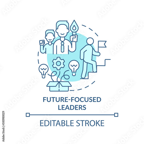 Future-focused leaders turquoise concept icon. Principle for managing innovation abstract idea thin line illustration. Isolated outline drawing. Editable stroke. Arial, Myriad Pro-Bold fonts used