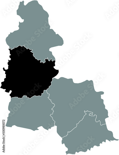 Black flat blank highlighted location map of the KONOTOP RAION inside gray raions map of the Ukrainian administrative area of Sumy Oblast  Ukraine