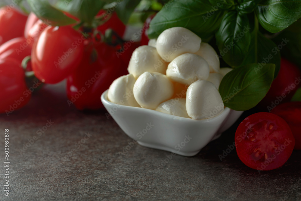 Mozzarella cheese with basil and tomatoes on an old stone table. Mozzarella cheese with basil and tomatoes on an old stone table.