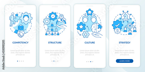 Innovation management backbones blue onboarding mobile app screen. Walkthrough 4 steps graphic instructions pages with linear concepts. UI, UX, GUI template. Myriad Pro-Bold, Regular fonts used