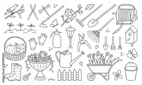 Hand drawn set of gardening doodle. Garden tools, agriculture, equipment in sketch style.  Vector illustration isolated on white background.