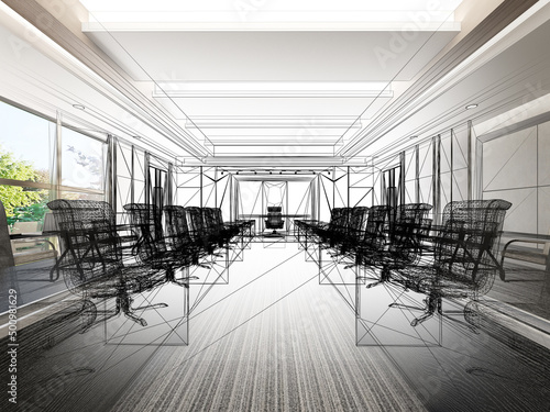 sketch design of interior conference room  3d rendering wire frame