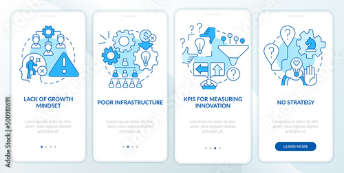 Problems in innovation management blue onboarding mobile app screen. Walkthrough 4 steps graphic instructions pages with linear concepts. UI, UX, GUI template. Myriad Pro-Bold, Regular fonts used