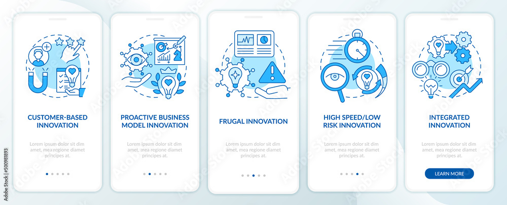 Future innovation management aspects blue onboarding mobile app screen. Walkthrough 5 steps graphic instructions pages with linear concepts. UI, UX, GUI template. Myriad Pro-Bold, Regular fonts used