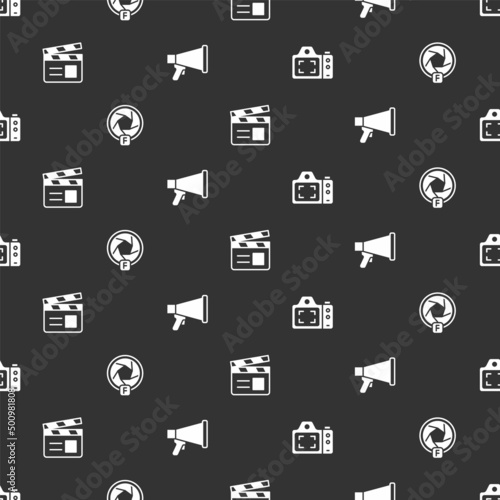 Set Photo camera, Camera shutter, Movie clapper and Megaphone on seamless pattern. Vector