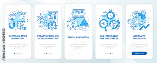 Future innovation management aspects blue onboarding mobile app screen. Walkthrough 5 steps graphic instructions pages with linear concepts. UI, UX, GUI template. Myriad Pro-Bold, Regular fonts used