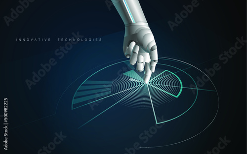 Vector image, background in dark blue colors with a graph and a robot arm on a futoristic theme