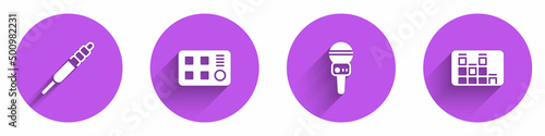 Set Audio jack, Drum machine, Microphone and Music equalizer icon with long shadow. Vector
