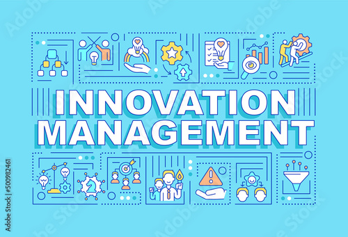 Innovation management word concepts turquoise banner. Generating new ideas. Infographics with icons on color background. Isolated typography. Vector illustration with text. Arial-Black font used