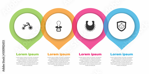 Set Bicycle for kids, Baby dummy pacifier, bib and on shield. Business infographic template. Vector
