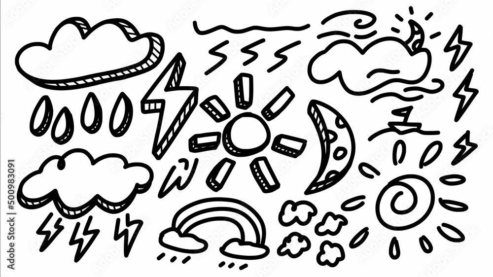 weather forecast and beach situation icon set with doodle comic hand drawn outline art style vector template collection for comic coloring book and sticker weather forecast and beach situation icon set with doodle comic hand drawn outline art style vector template collection for comic coloring book and sticker