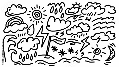 weather forecast and beach situation icon set with doodle comic hand drawn outline art style vector template collection for comic coloring book and sticker