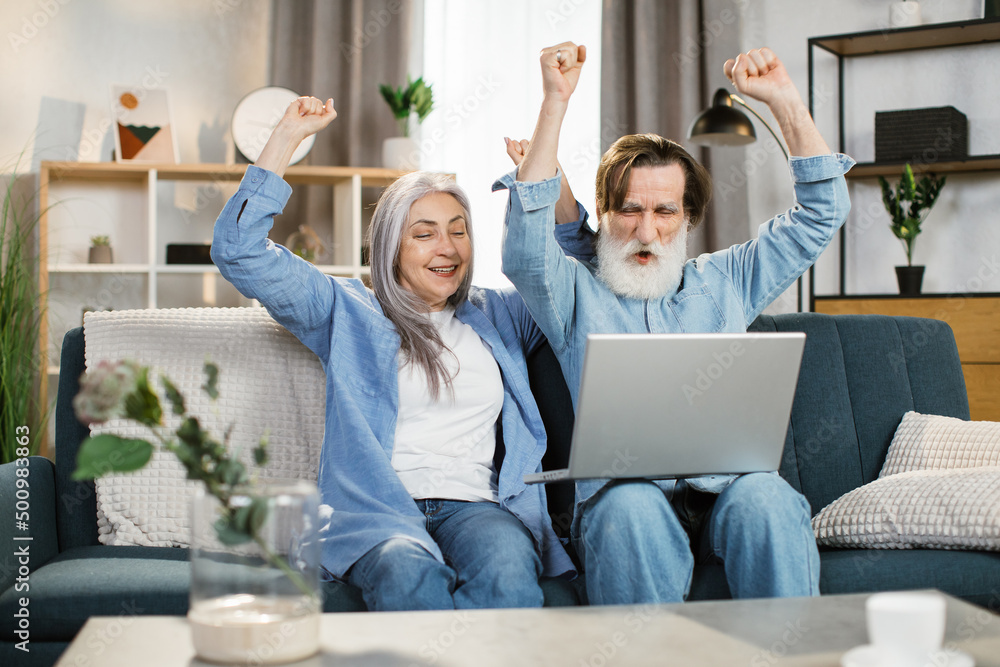 Elderly couple seated on couch looking at laptop screen scream with joy feels excited happy celebrating lottery victory, lucky moment, got online opportunity, sales and discounts e-commerce concept Elderly couple seated on couch looking at laptop screen scream with joy feels excited happy celebrating lottery victory, lucky moment, got online opportunity, sales and discounts e-commerce concept