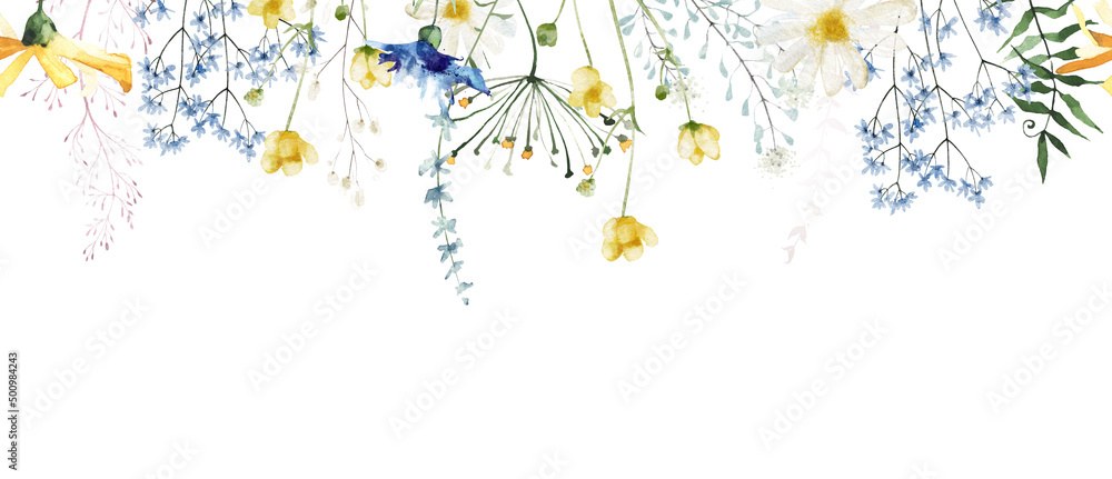 Watercolor painted floral seamless border on white background. Green and yellow wild flowers, branches, leaves and twigs