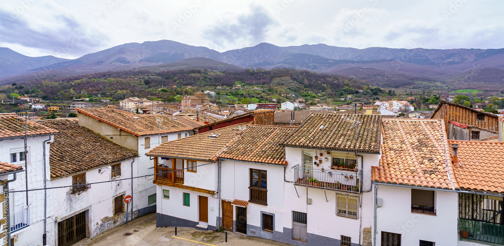 Panoramic of houses next to the mountain of the village of Caceres, Hervas, Spain.
