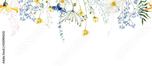 Photo Watercolor painted floral seamless border on white background