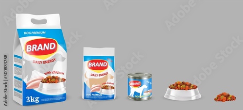 Dog food in pack and bowl realistic vector