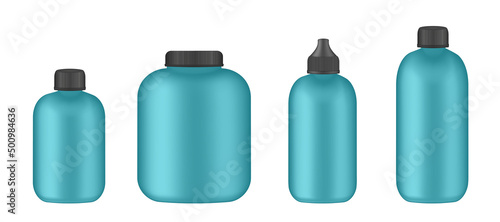 Set of aquamarine green bottles. Sports nutrition containers packages, fitness protein. Bodybuilding sport food. Jars with supplements for muscle growth. Realistic vector sport nutrition containers