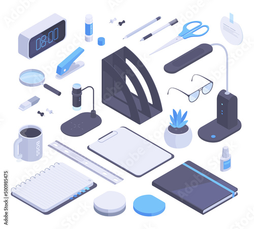 Isometric stationery, school or office supplies, lamp, stapler and clock. School 3d stationery tools, notebook, scissors and pencil vector symbols illustrations set. Stationery collection