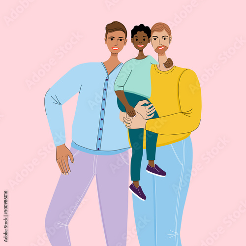 Portrait of LGBT couple with child. Relations and rights of homosexual partners. Flat style vector illustration.