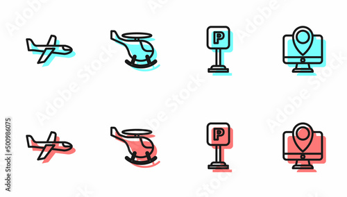 Set line Parking, Plane, Helicopter and Monitor with location marker icon. Vector