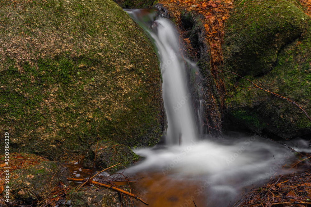 Cerveny creek with Cerveny waterfall in Jizerske mountains in spring morning Cerveny creek with Cerveny waterfall in Jizerske mountains in spring morning