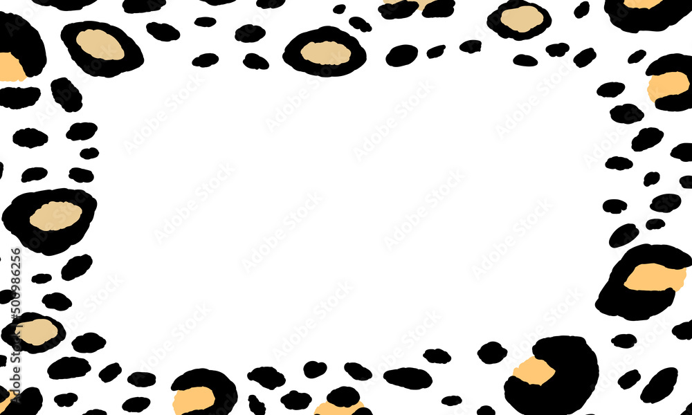 Fototapeta premium Black and white frame with modern ornament of stylized leopard skin. Squared pattern for poster. Decorative abstract border with animal ornament. Trendy leather skin. Copy space. Vector illustration