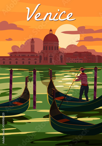 Venice Italia Poster retro style. Sunset Grand Canal, gondolier, architecture, vintage card. Vector illustration postcard