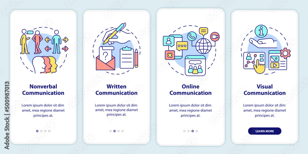 Fototapeta premium Communication types onboarding mobile app screen. Nonverbal and written walkthrough 4 steps graphic instructions pages with linear concepts. UI, UX, GUI template. Myriad Pro-Bold, Regular fonts used