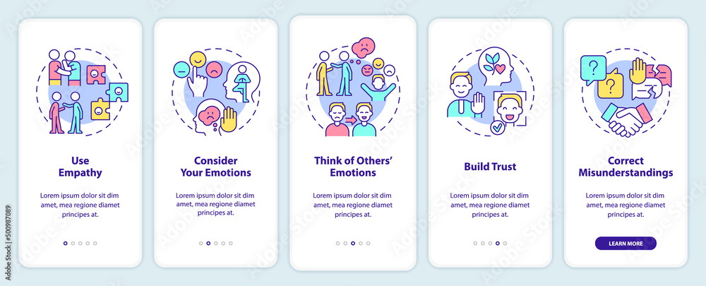 Developing emotional awareness onboarding mobile app screen. Use empathy walkthrough 5 steps graphic instructions pages with linear concepts. UI, UX, GUI template. Myriad Pro-Bold, Regular fonts used