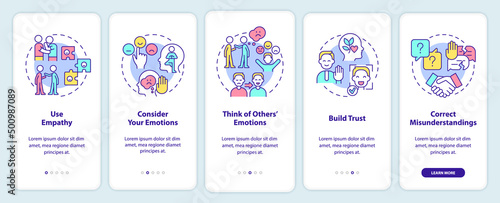 Developing emotional awareness onboarding mobile app screen. Use empathy walkthrough 5 steps graphic instructions pages with linear concepts. UI, UX, GUI template. Myriad Pro-Bold, Regular fonts used