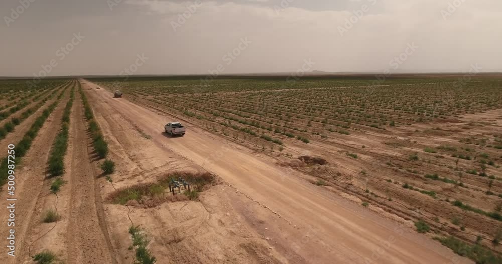 Aerial Forward Shot Of Pickup Truck Moving On Road In Agricultural Field During Sunny Day - Djerba, Tunisia Aerial Forward Shot Of Pickup Truck Moving On Road In Agricultural Field During Sunny Day - Djerba, Tunisia