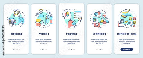 Communication functions onboarding mobile app screen. Request, protest walkthrough 5 steps graphic instructions pages with linear concepts. UI, UX, GUI template. Myriad Pro-Bold, Regular fonts used
