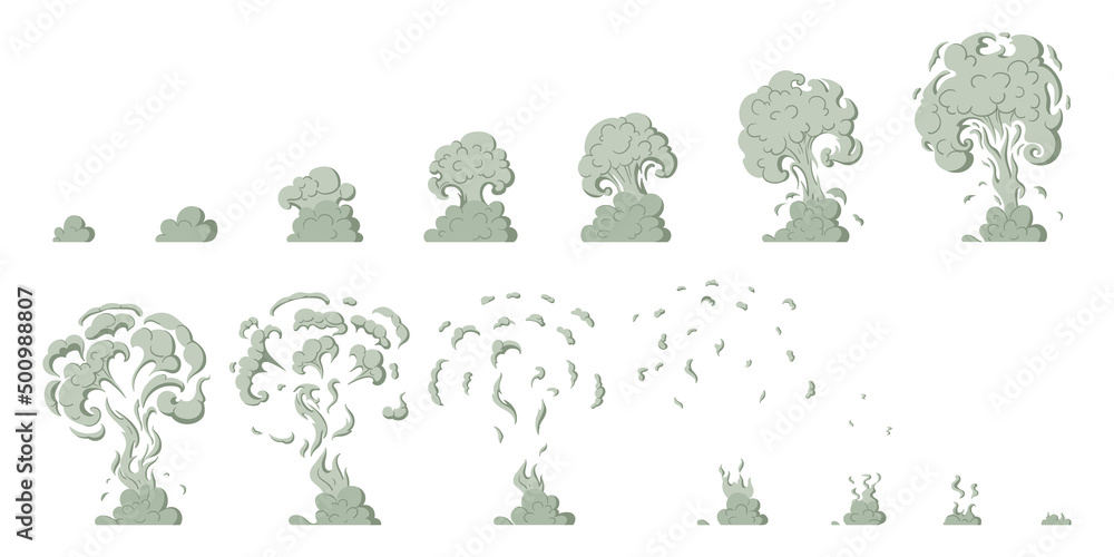 Cartoon smoke explosion sprite elements, dust clouds animation. Smoke silhouette sprite animation vector symbols illustration. Explosion dust clouds action collection