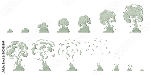 Cartoon smoke explosion sprite elements  dust clouds animation. Smoke silhouette sprite animation vector symbols illustration. Explosion dust clouds action collection