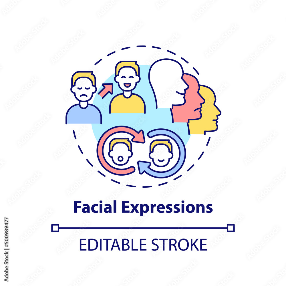 Facial expressions concept icon. Nonverbal communication example abstract idea thin line illustration. Emotional states. Isolated outline drawing. Editable stroke. Arial, Myriad Pro-Bold fonts used Facial expressions concept icon. Nonverbal communication example abstract idea thin line illustration. Emotional states. Isolated outline drawing. Editable stroke. Arial, Myriad Pro-Bold fonts used
