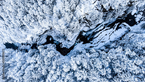 Campo Tures, Rio di Riva Valle dei Rio, Trentino Alto Adige (Italy).
Snow on the forest and on an iced river.
Drone photography. photo