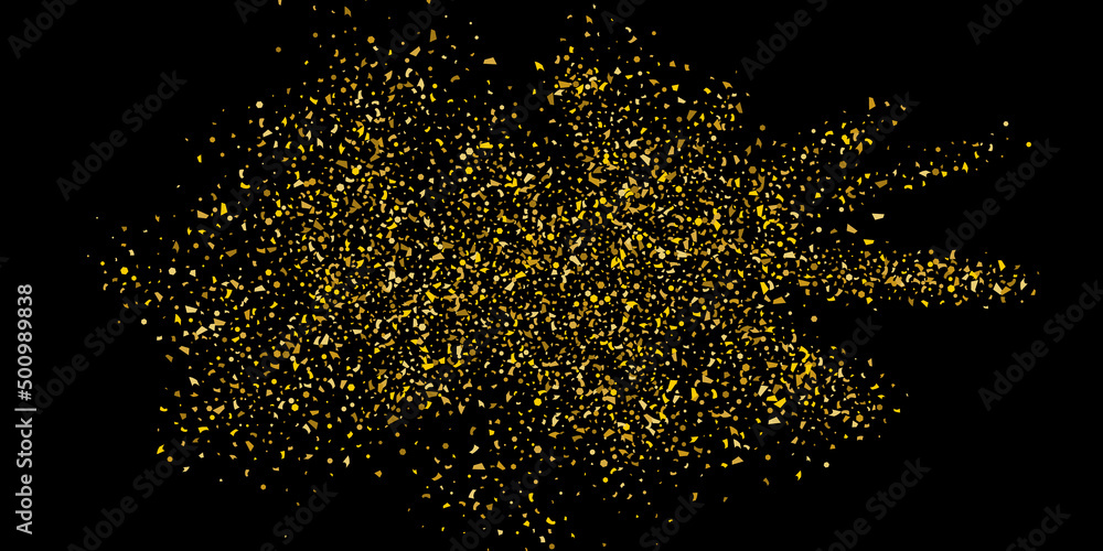 Golden glitter confetti on a black background. Illustration of a drop of shiny particles. Decorative element. Luxury background for your design, cards, invitations, gift, vip.