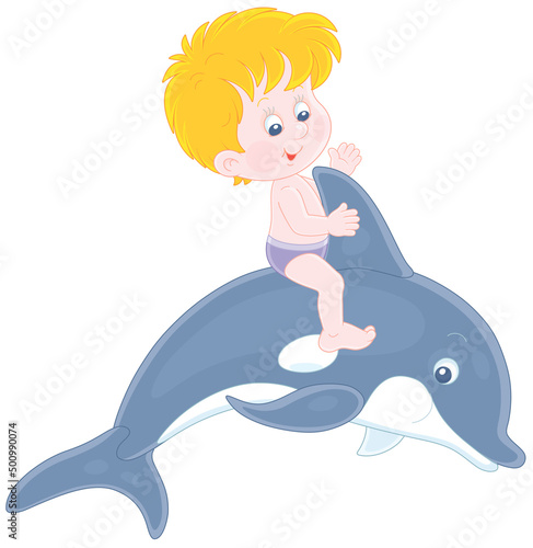 Happy little boy riding a merry playful dolphin in a dolphinarium on summer vacation, vector cartoon illustration isolated on a white background