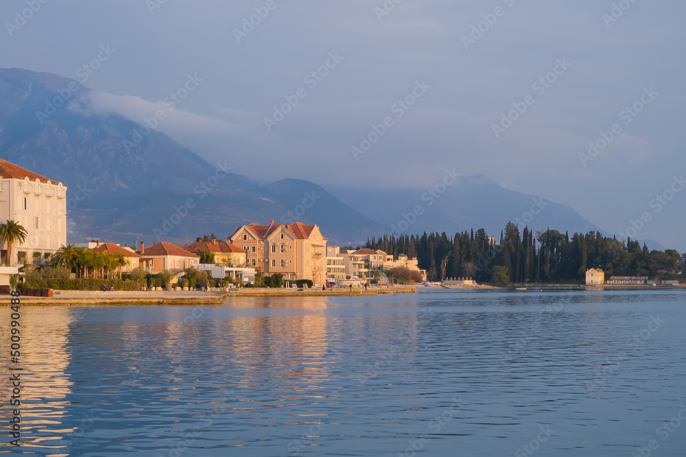 scenic panorama view of the town of Tivat, Montenegro harbor. travel nature landscape