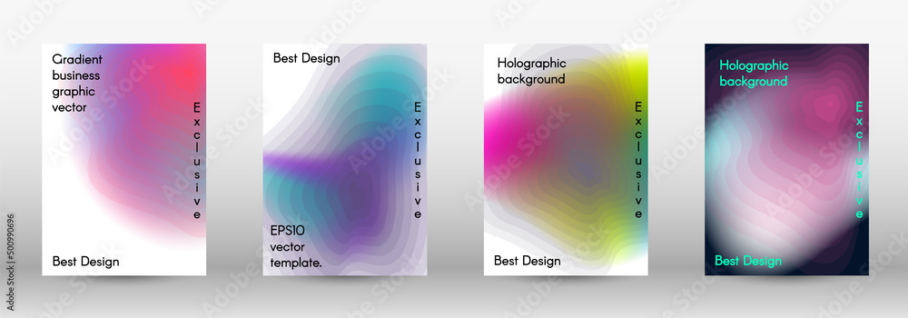 Set for liquid. Holographic abstract backgrounds. Bright mesh blurred pattern in pink, blue, green tones. Fashionable advertising vector in retro for book, annual, mobile interface, web application.