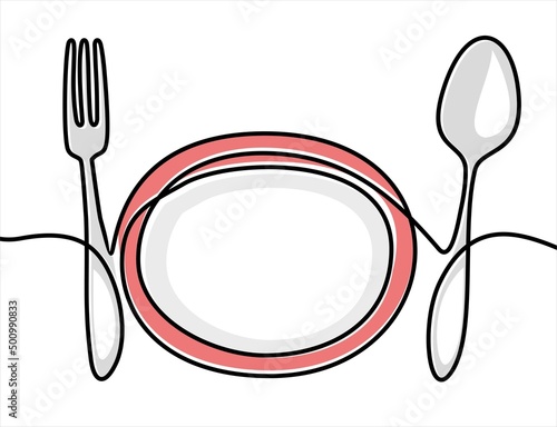 Continuous line art or One Line Drawing of plate, khife and fork. linear style and Hand drawn Vector illustrations