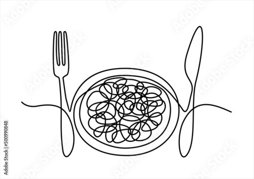 Single continuous line drawing of delicious spaghetti with fork and knife. Italy pasta noodle restaurant concept hand draw line art design vector illustration for cafe, shop or food delivery service
