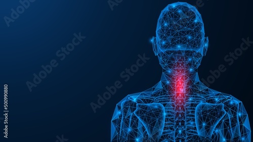 Acute osteochondrosis. Pain in the cervical spine. Polygonal design of interconnected lines and points. Blue background.