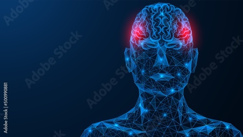 Pulse headache. Pain in the temporal region of the head. Polygonal design of interconnected lines and points. Blue background.
