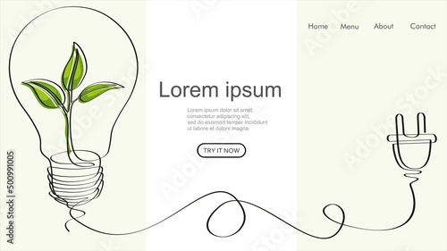 Plant inside Lightbulb with power plug in one line drawing. Creative concept of Eco energy and environmental friendly sources. Web banner. Vector illustration