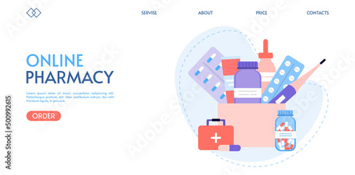 Online pharmacy landing page template. Online purchase and delivery of medicines. E-commerce concept. Medical drugs set in flat style. Ordering medicines online. Vector on white background.